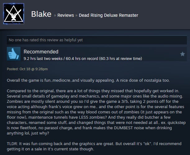 Image from the Dead Rising Deluxe Remastered article, as described in the Steam review